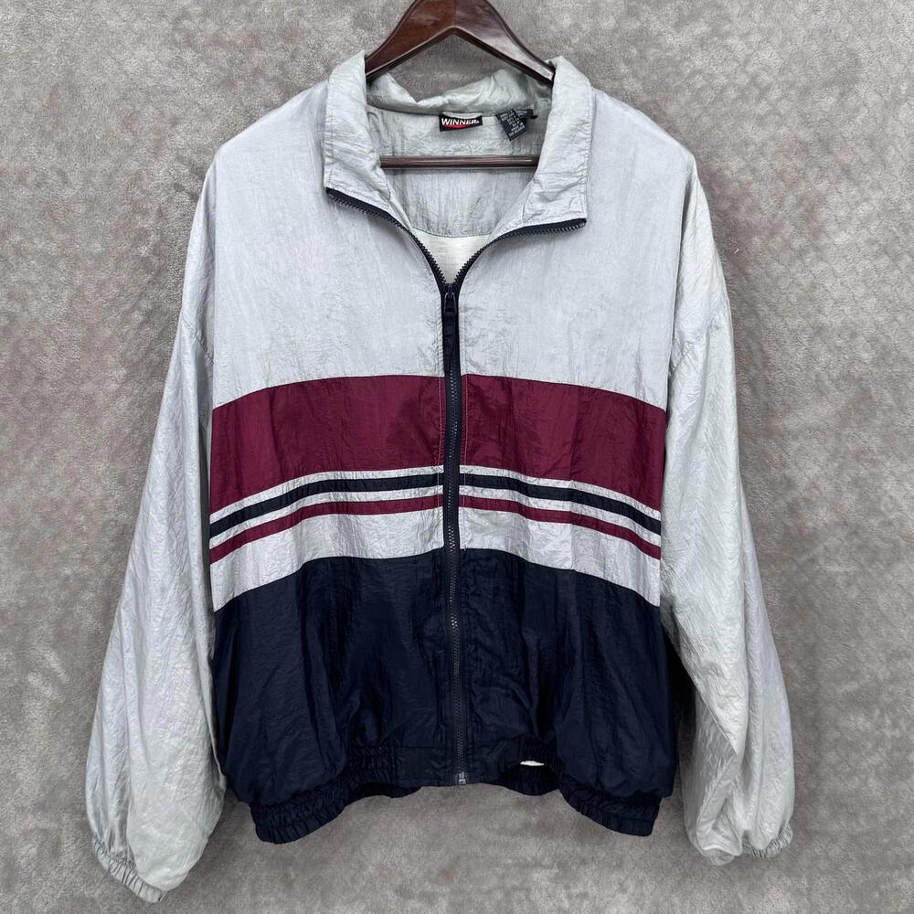 Vintage Winner Jacket Mens XL Gray Colorblock Full Zip Nylon Windbreaker 90s
